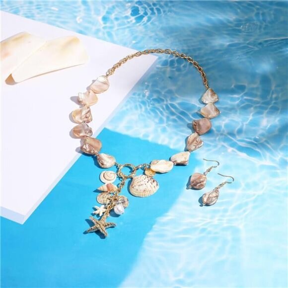 Boho Seashell and Pearl Beaded Necklace and Earrings Set – Beach Charm Jewelry - Picture 2 of 7